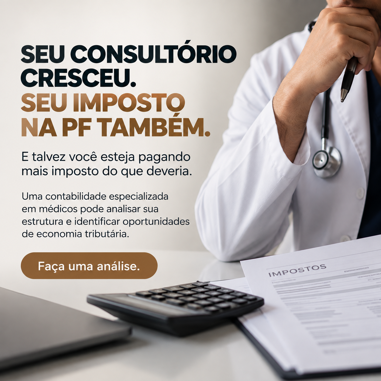 Criativo para contabilidade médica sobre crescimento do consultório e impostos
